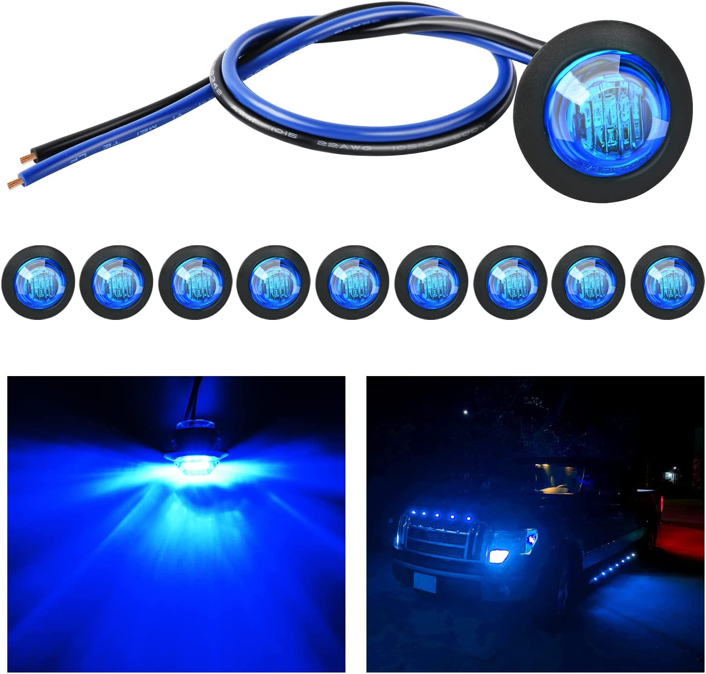 10 PCS 3/4 Inch round LED Clearance Light Front Rear Side Indicator Bullet Marker Lamp for Truck RV Car Bus Trailer Van Caravan Boat, Blue