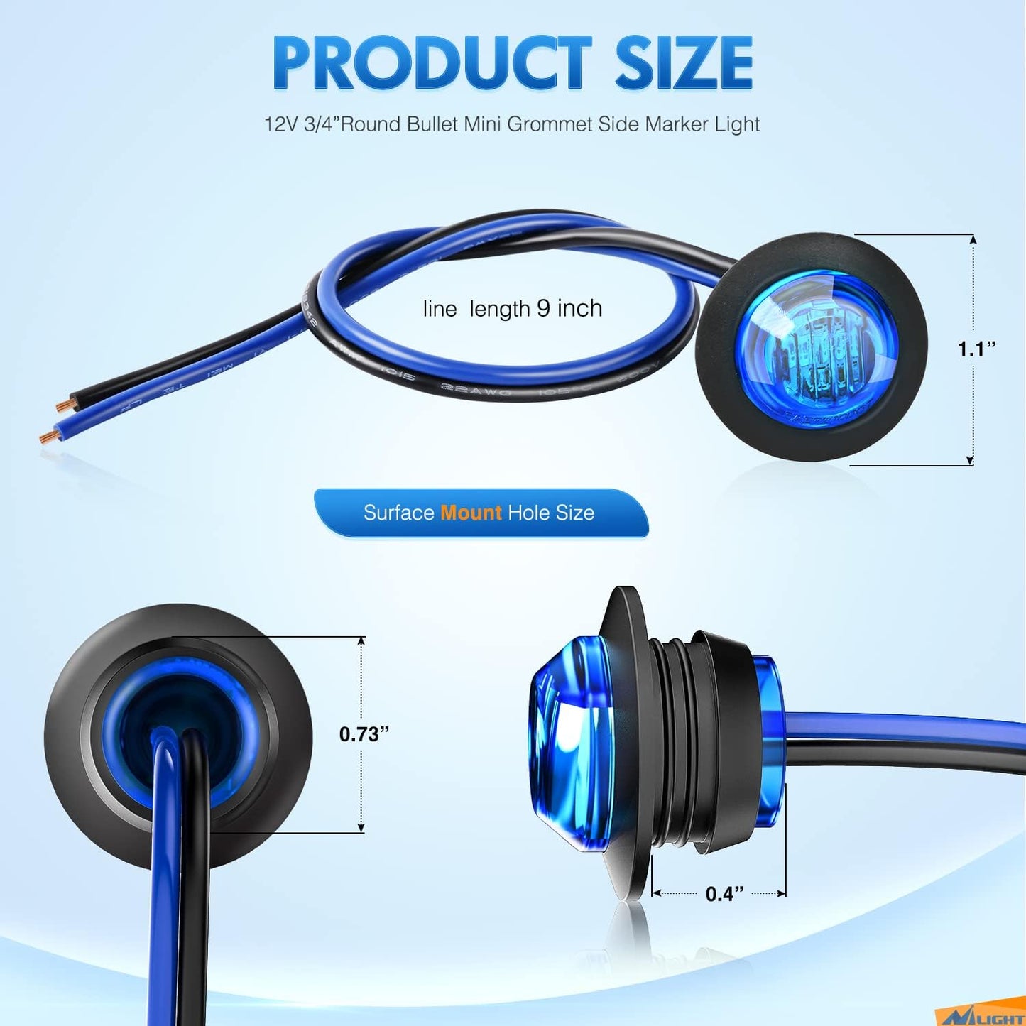 10 PCS 3/4 Inch round LED Clearance Light Front Rear Side Indicator Bullet Marker Lamp for Truck RV Car Bus Trailer Van Caravan Boat, Blue